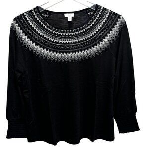 J. Jill Black Fair Isle White Embroidered Smocked Top XL Relaxed Fit Boho NEW